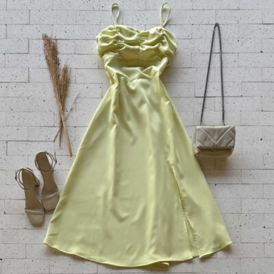 Dondoca_com_br Vestido Midi Com Fenda Detalhe Busto Amarelo
