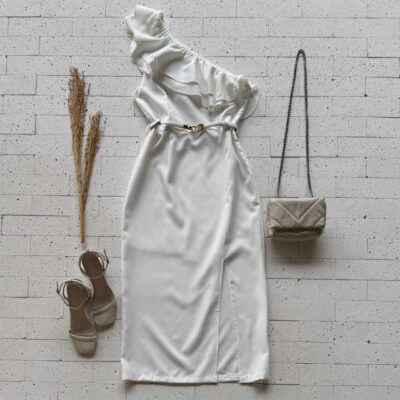 Dondoca_com_br Vestido Midi Forrado Um Ombro So Babados E Fenda Off