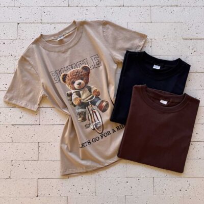 Dondoca_com_br Kit Camiseta Feminina Premium 3 Pecas Preta Cafe E Estampa Bicycle Bege