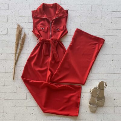 Dondoca_com_br Macacao Pantalona Detalhe Ziper Vermelho