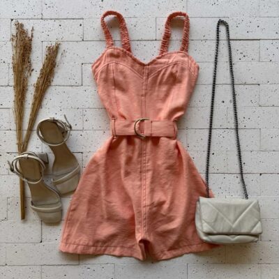 Dondoca_com_br Macaquinho Marrant Alca Drapeada E Cinto Laranja