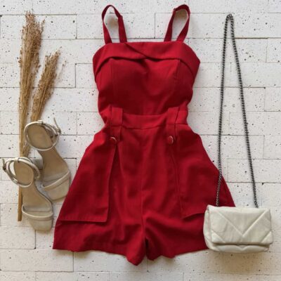 Dondoca_com_br Macaquinho Marrant Detalhe Bolsos E Botao No Passante Vermelho