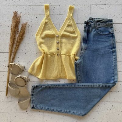 Dondoca_com_br Regata Modal Peplum Detalhe Botoes Amarelo