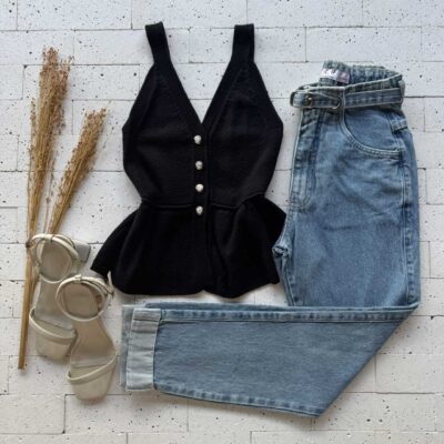 Dondoca_com_br Regata Modal Peplum Detalhe Botoes Preto