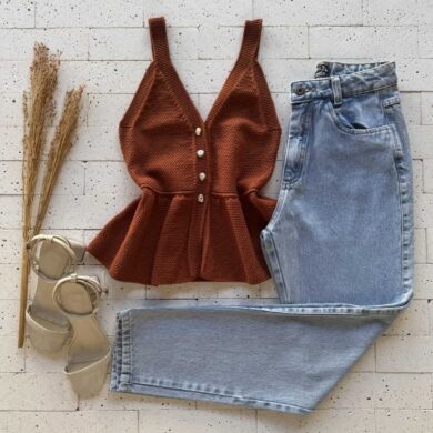 Dondoca_com_br Regata Modal Peplum Detalhe Botoes Telha