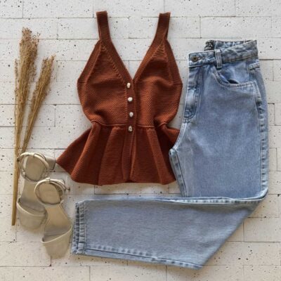 Dondoca_com_br Regata Modal Peplum Detalhe Botoes Telha