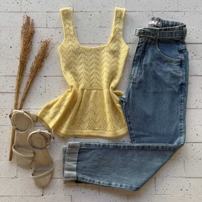 Dondoca_com_br Regata Modal Peplum Ponto Detalhado Amarelo