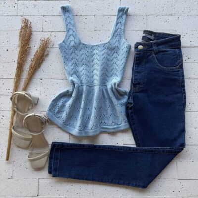 Dondoca_com_br Regata Modal Peplum Ponto Detalhado Azul