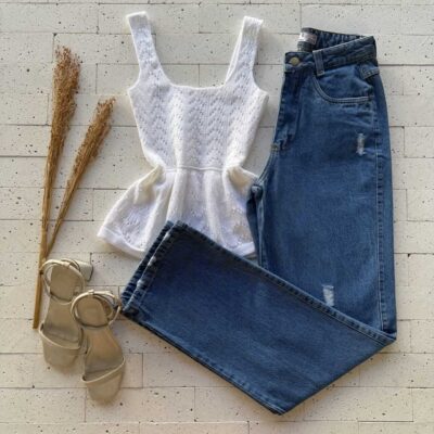 Dondoca_com_br Regata Modal Peplum Ponto Detalhado Off