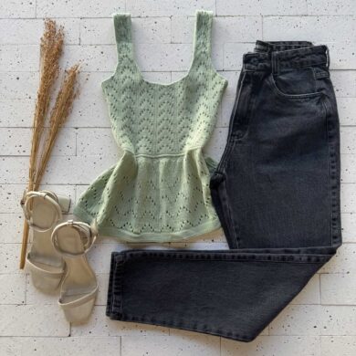 Dondoca_com_br Regata Modal Peplum Ponto Detalhado Pistache