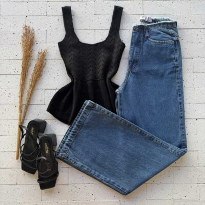 Dondoca_com_br Regata Modal Peplum Ponto Detalhado Preto