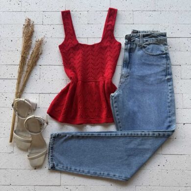 Dondoca_com_br Regata Modal Peplum Ponto Detalhado Vermelho