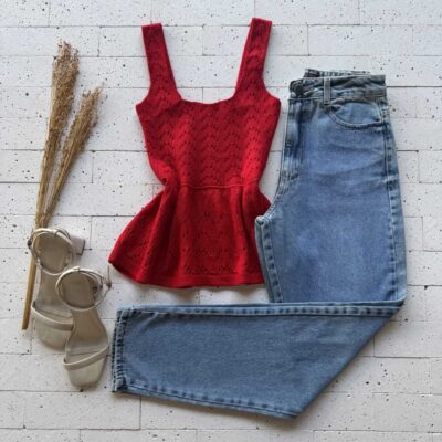 Dondoca_com_br Regata Modal Peplum Ponto Detalhado Vermelho