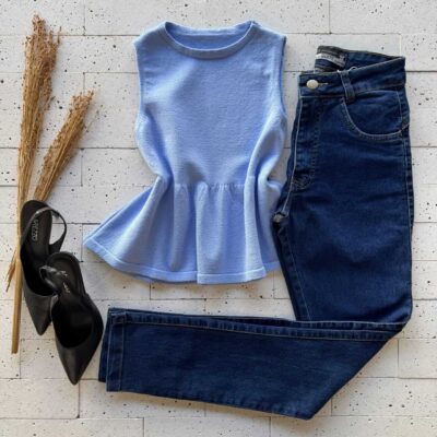 Dondoca_com_br Regata Modal Peplum Sem Decote Azul