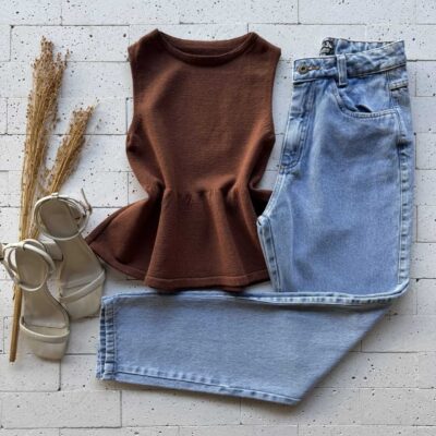 Dondoca_com_br Regata Modal Peplum Sem Decote Marrom