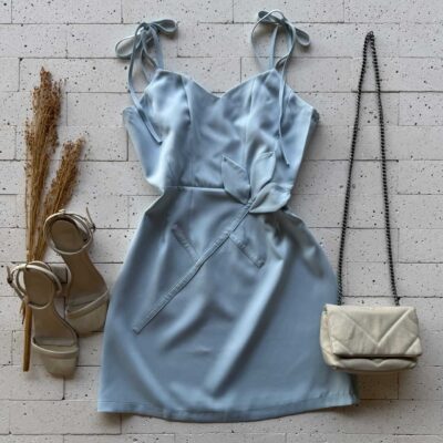 Dondoca_com_br Vestido Alfaiataria Alca Lacinho E Aplique Flor Azul