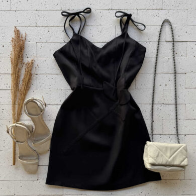 Dondoca_com_br Vestido Alfaiataria Alca Lacinho E Aplique Flor Preto