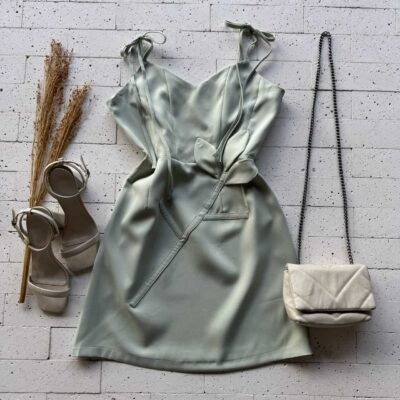 Dondoca_com_br Vestido Alfaiataria Alca Lacinho E Aplique Flor Verde
