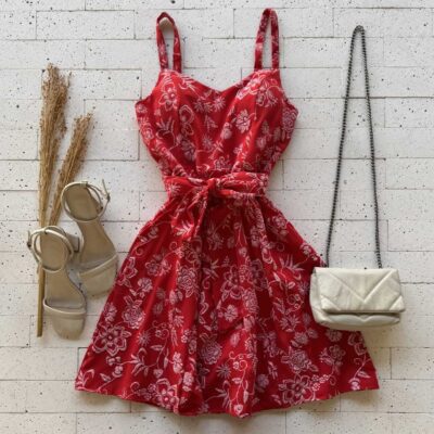 Dondoca_com_br Vestido Bordado Alcinha E Amarracao Fixa Vermelho
