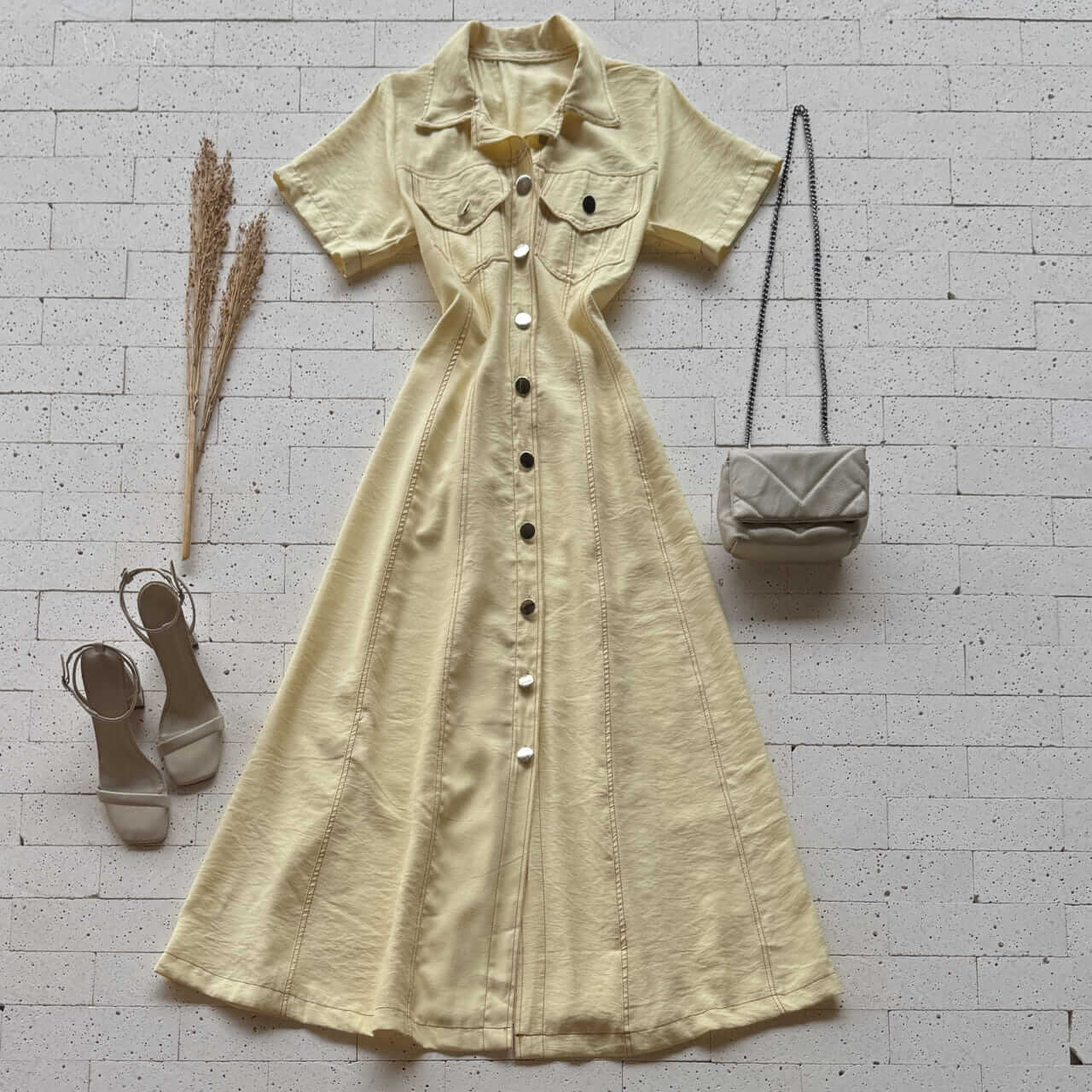 Dondoca_com_br Vestido Chemise Longuete Pistache Amarelo Dondoca_com_br Vestido Chemise Longuete Pistache Amarelo