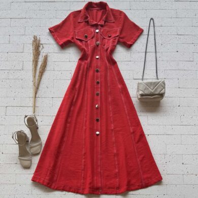 Dondoca_com_br Vestido Chemise Longuete Pistache Vermelho