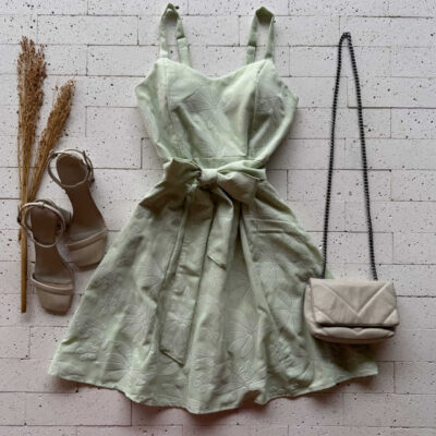 Dondoca_com_br Vestido Crepe Bordado Alcinha E Cinto Faixa Verde Claro