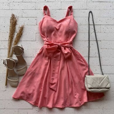 Dondoca_com_br Vestido Crepe Detalhado Alcinha E Cinto Faixa Salmao