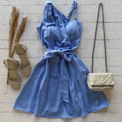 Dondoca_com_br Vestido Detalhado Laco No Ombro E Amarracao Fixa Azul Copia