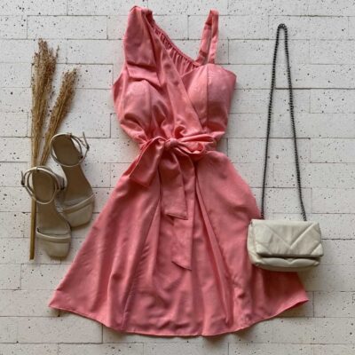 Dondoca_com_br Vestido Detalhado Laco No Ombro E Amarracao Fixa Salmao