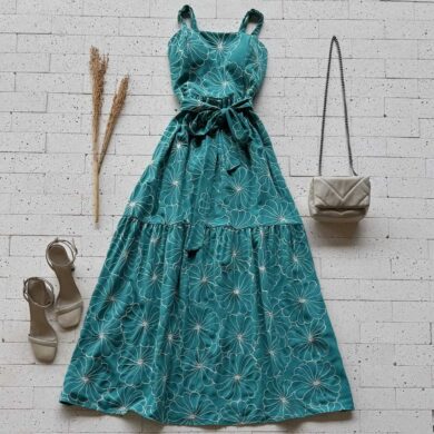 Dondoca_com_br Vestido Longo Bordado Lurex Camadas E Cinto Faixa Turquesa