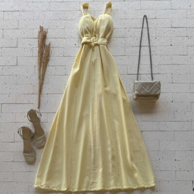 Dondoca_com_br Vestido Longuete Marrant Detalhe Abertura E Cinto Amarelo