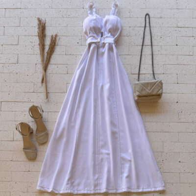 Dondoca_com_br Vestido Longuete Marrant Detalhe Abertura E Cinto Off