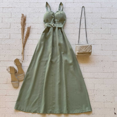 Dondoca_com_br Vestido Longuete Marrant Detalhe Abertura E Cinto Verde Oliva