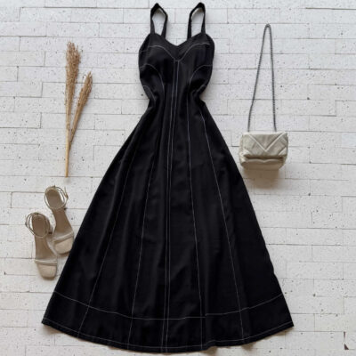 Dondoca_com_br Vestido Longuete Marrant Pespontado Preto