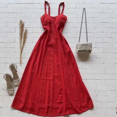 Dondoca_com_br Vestido Longuete Marrant Pespontado Vermelho