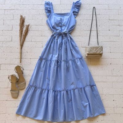 Dondoca_com_br Vestido Midi Alca Babados E Cinto Trancado Azul