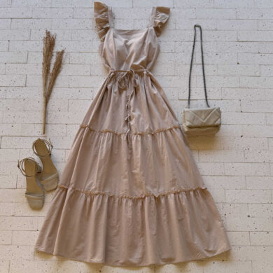 Dondoca_com_br Vestido Midi Alca Babados E Cinto Trancado Bege