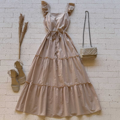 Dondoca_com_br Vestido Midi Alca Babados E Cinto Trancado Bege