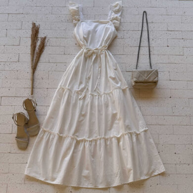 Dondoca_com_br Vestido Midi Alca Babados E Cinto Trancado Off