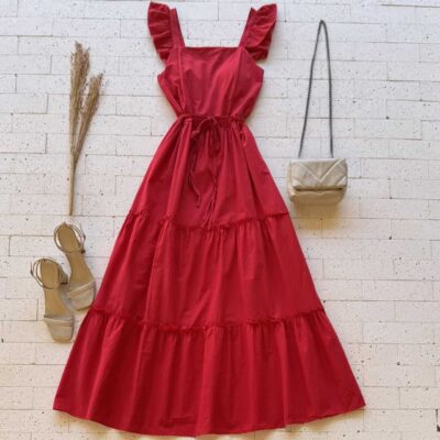 Dondoca_com_br Vestido Midi Alca Babados E Cinto Trancado Vermelho