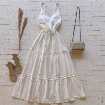 Dondoca_com_br Vestido Midi Decote E Camadas Em Gripier Com Cinto Faixa Off