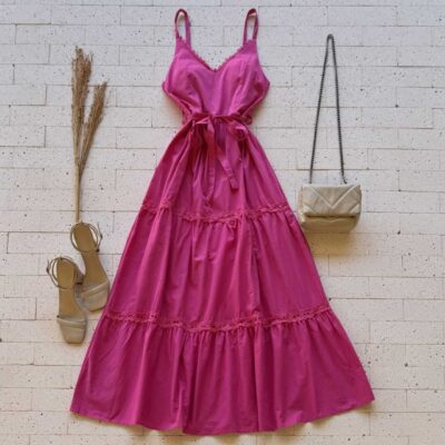 Dondoca_com_br Vestido Midi Decote E Camadas Em Gripier Com Cinto Faixa Pink