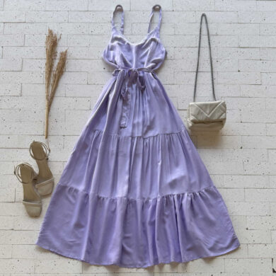 Dondoca_com_br Vestido Midi Decote Gripier E Cinto Faixa Lavanda