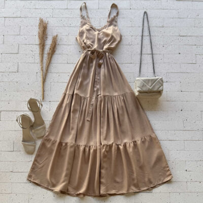 Dondoca_com_br Vestido Midi Decote Gripier E Cinto Faixa Nude