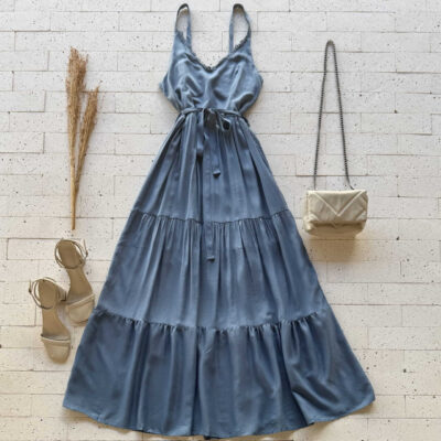 Dondoca_com_br Vestido Midi Decote Gripier E Cinto Faixa Petroleo