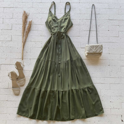 Dondoca_com_br Vestido Midi Decote Gripier E Cinto Faixa Verde Oliva