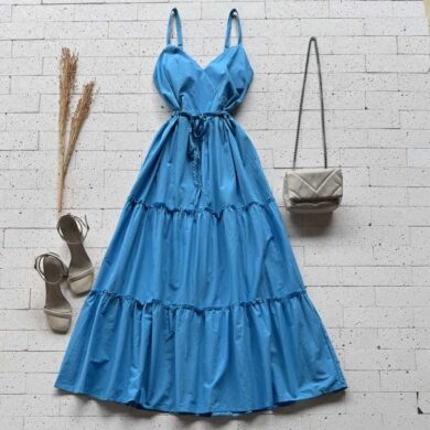 Dondoca_com_br Vestido Midi Tricoline Com Cinto Trancado Azul