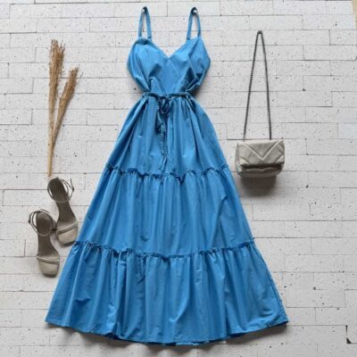 Dondoca_com_br Vestido Midi Tricoline Com Cinto Trancado Azul