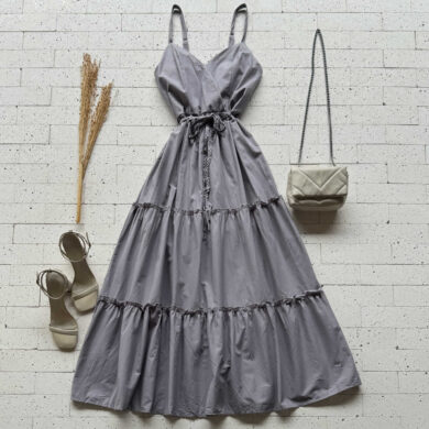 Dondoca_com_br Vestido Midi Tricoline Com Cinto Trancado Cinza