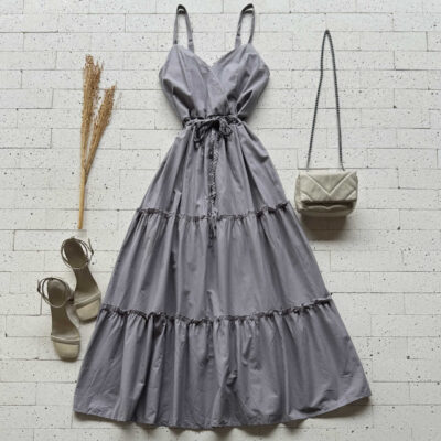 Dondoca_com_br Vestido Midi Tricoline Com Cinto Trancado Cinza